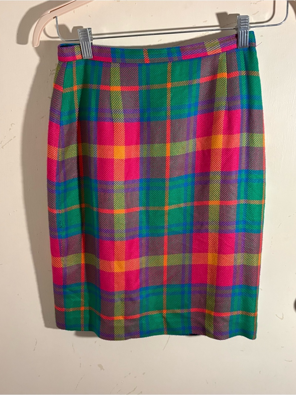 Vintage Smooth Premier Multicolor Plaid Print Pencil Skirt Pink, Green & Yellow